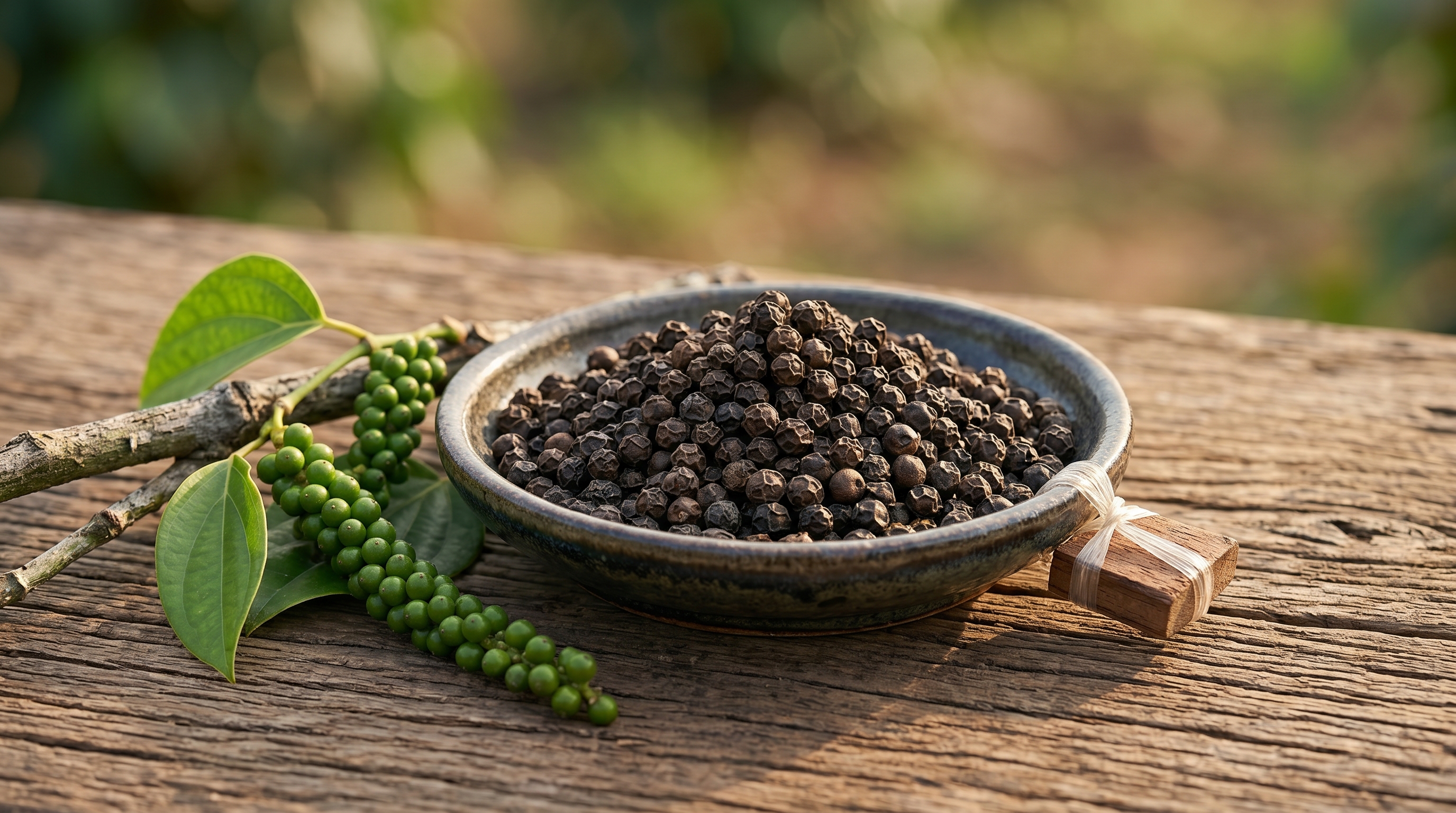 Black peppercorns and spices close up