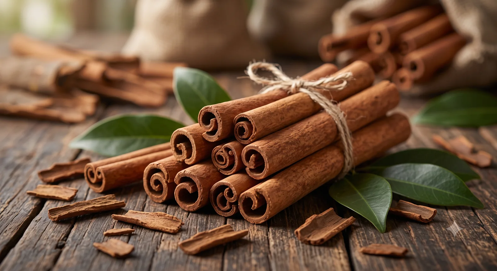 Vietnamese cassia cinnamon sticks with green leaves